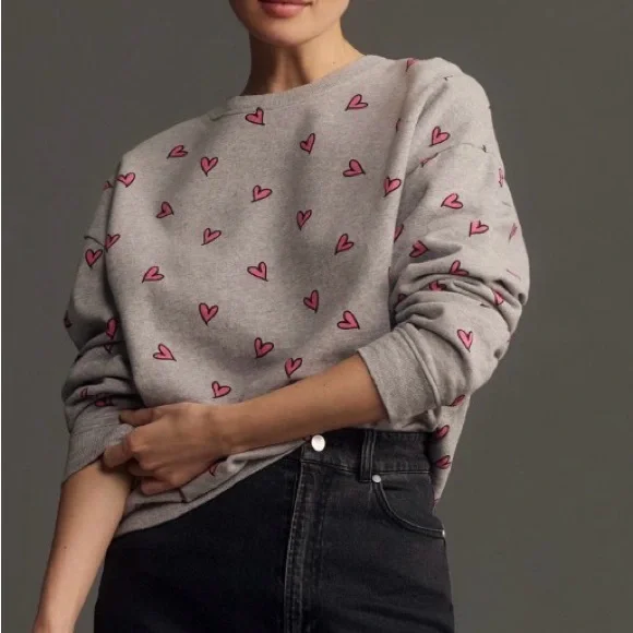 Anthropologie KULE The Oversized All Over Heart Sweatshirt Grey Pink Size Large - Picture 13 of 13